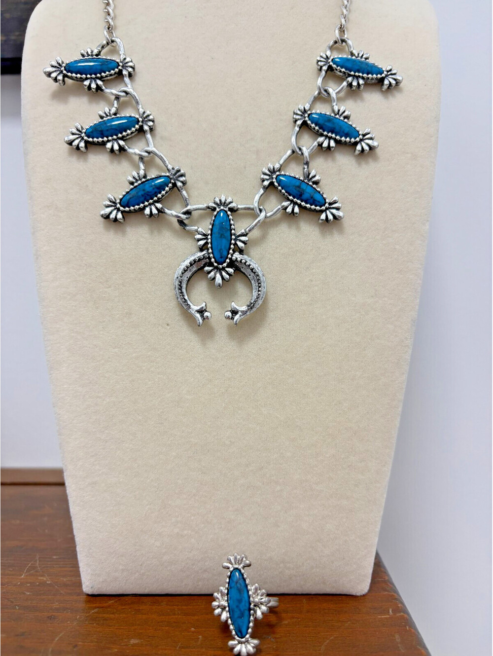 Vintage Sarah Coventry Blue Cloud Squash Blossom Native Necklace & Ring Set